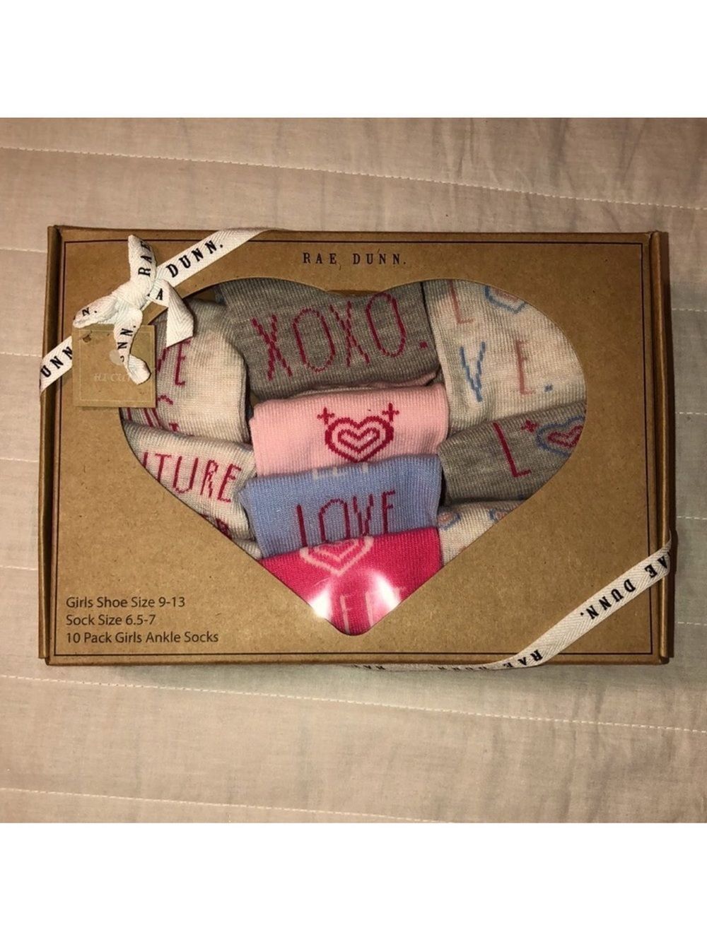 Rae Dunn socks ankle pack of 10 love theme girls shoe size 9-13/6.5-7